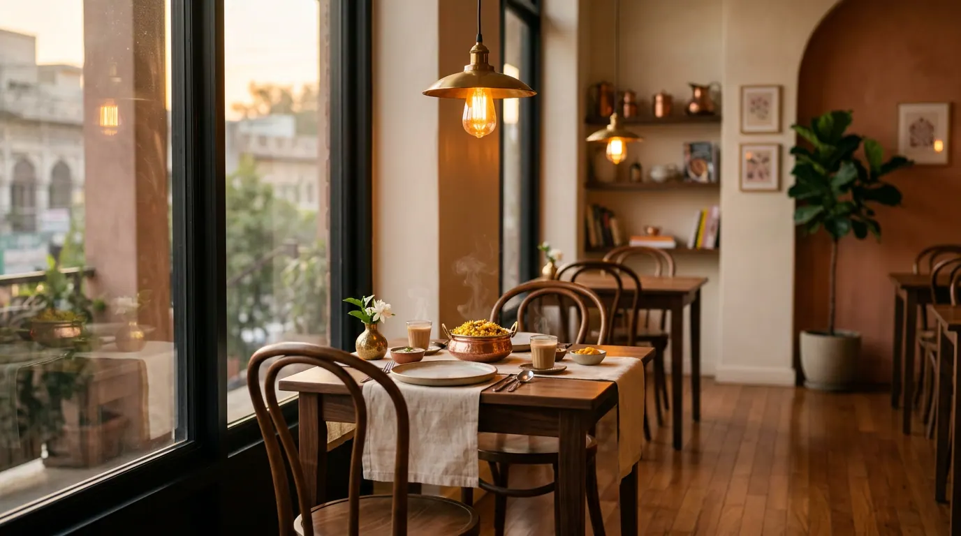 The Qabila dine-in space — warm wooden tables, brass pendant lights, golden-hour glow