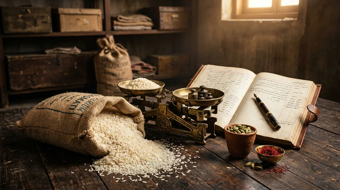 A vintage rice trader's office — jute sack of basmati, brass balance scale, and an open ledger book — where the craft started