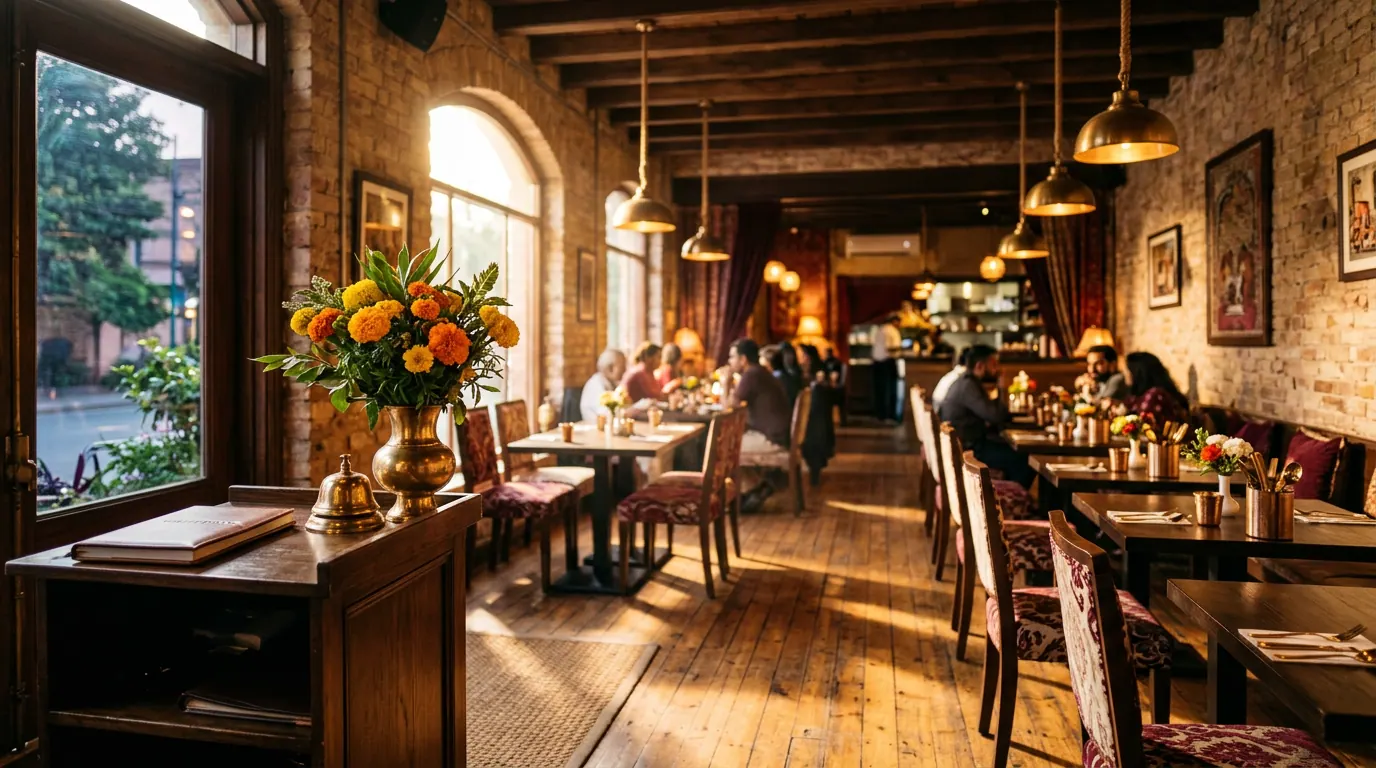The Biryani Qabila dine-in space — warm wooden floors, exposed brick, brass pendant lights