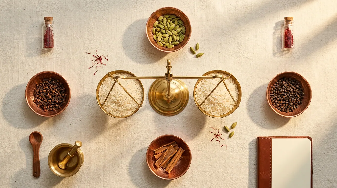 A brass balance-scale with two equal portions of basmati rice, surrounded by copper bowls of whole spices — precision and craftsmanship in mise-en-place