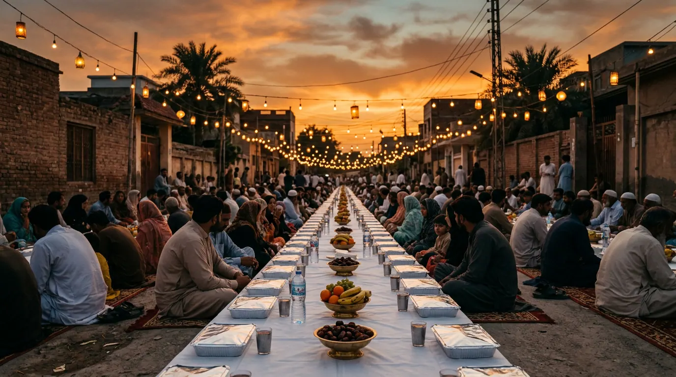 A community Ramadan iftar distribution at sunset